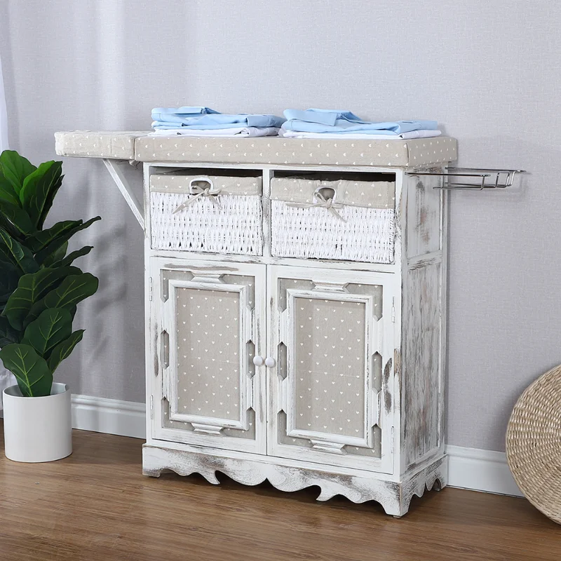 Factory Wholesale Cheap Custom Size Solid Wooden Folding Ironing Board Wooden Ironing Cabinet With Wicker Drawer