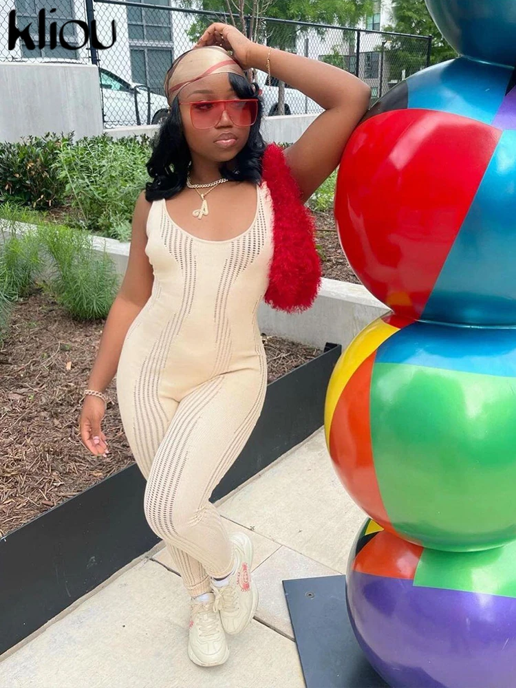 

Kliou Transparency Striped Solid Jumpsuits Women Solid Sexy Cleavage Spaghetti Strap Skinny Overalls Female Concise Party Wear