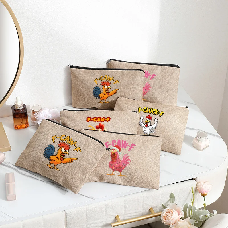 

2025 New F-Caw-F Funny Chicken F Caw F Rooster Meme Women Linen Makeup Bag Linen Cosmetics Bag Party Gift Mother Girlfriend
