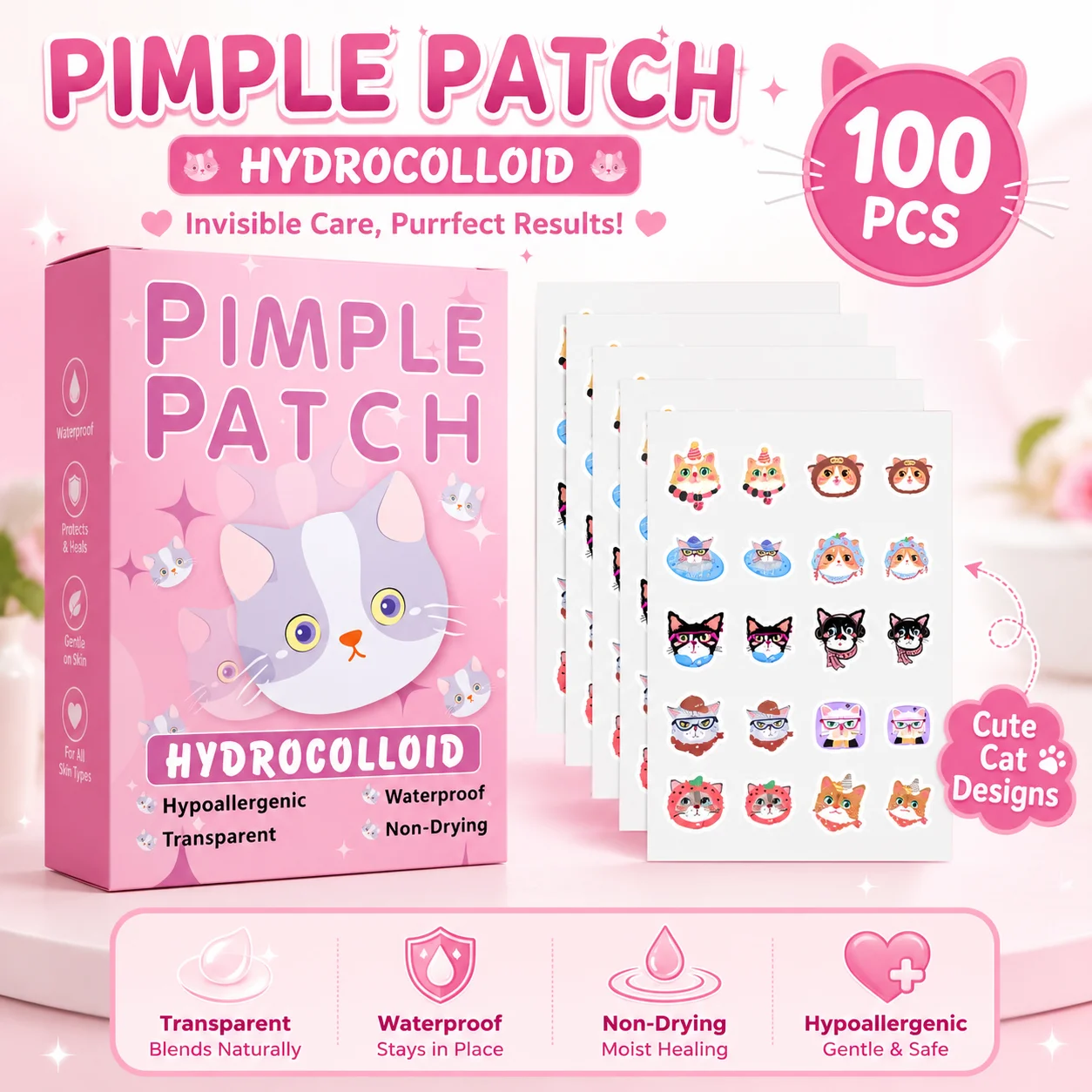 

100pcs Cartoon acne patch, cute cat-shaped facial concealer acne patch, safe, non-toxic, gentle and non-irritating