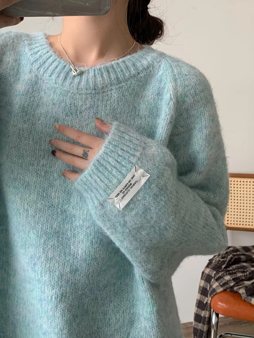 เสื้อสเวตเตอร์ถักนิตติ้งเนื้อนุ่มสไตล์เกาหลี รุ่น Mint een Lazy Sle Thiened สำหรับผู้หญิง ไซส์ใหญ่ ทรงหลวม ใส่สบาย เหมาะสำหรับฤดูใบไม้ร่วงและฤดูหนาว ให้ความอบอุ่น สไตล์ลำลอง เหมาะสำหรับใส่ไปทำงาน