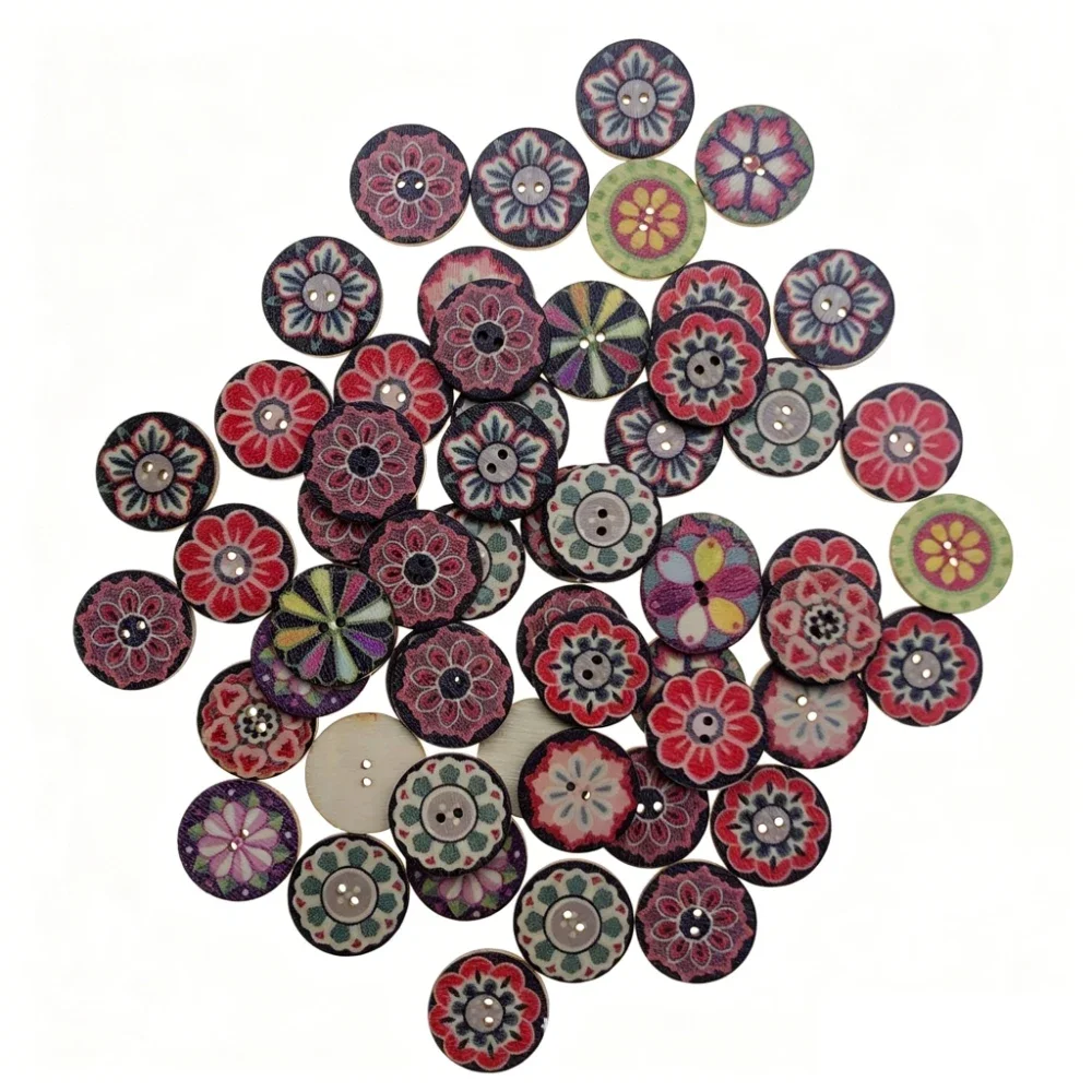 300PCS 15/20/25mm Round Wooden Buttons Painted Printed Two Eyes Handmade DIY Wooden Buckles Retro Round Sewing Wood Buttons