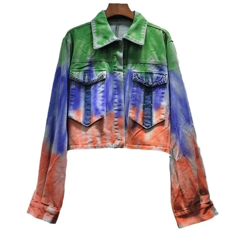 

Autumn Fashion Rainbow Colors Big Pocket Long Sleeve Denim Jacket Women Loose Short Cowboy Outerwear Beading Jeans Jacket Female