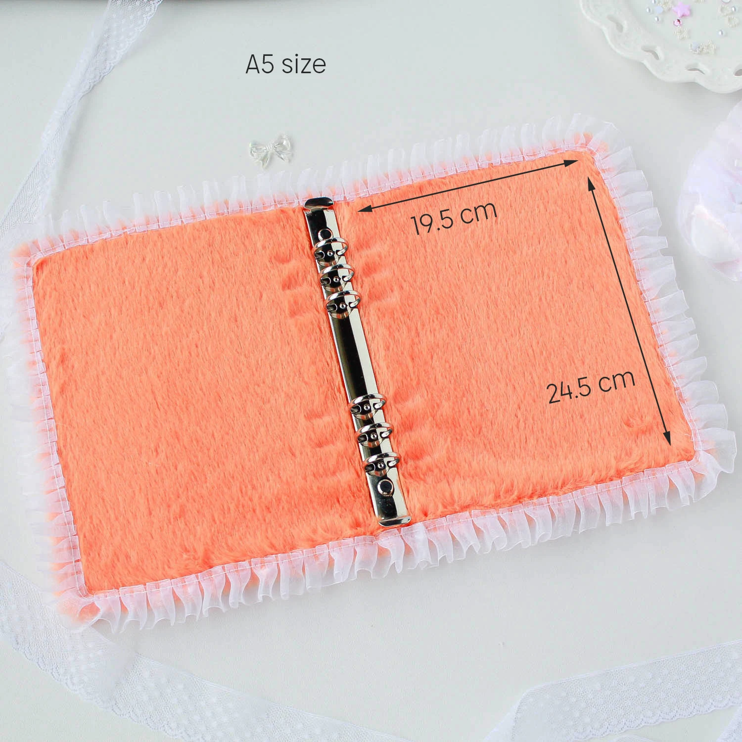 A5 Cute Plush Kpop Binder Photocard Storage Book Stationery  Album Orange Kawaii Fox Lace Style Collect Book Ring Binder