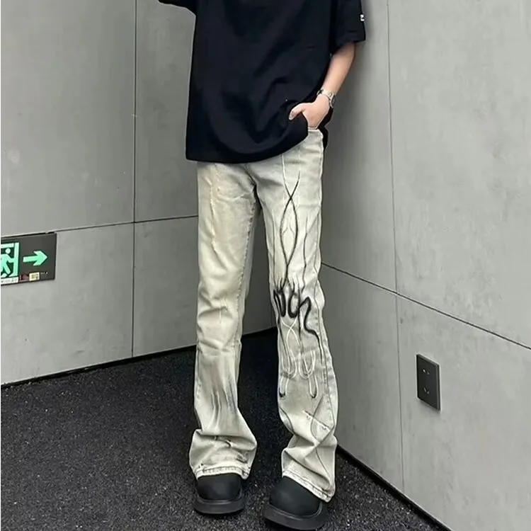 

Мужские джинсы прямого кроя с легким расклешением, размер 250, цвет желтый грязьный, тренд уличной моды, весна-осень