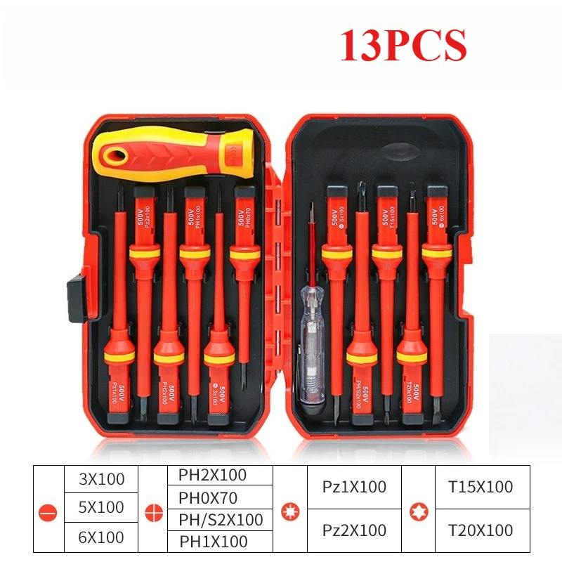 8/13PCS 1000V VDE Insulated Screwdriver Set Magnetic Slotted Bits for Electrical Repair Professional