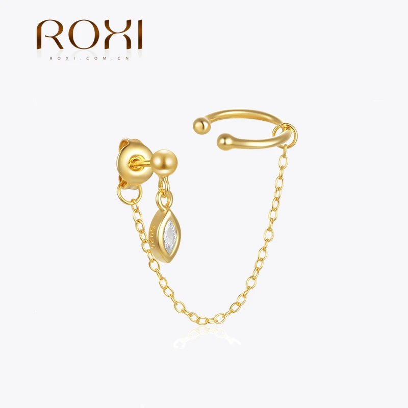 

ROXI Double Tassel Chain Zircons Pendant Piercing Stud Earrings For Women 925 Sterling Silver With Cuff Clip Earrings Jewelry