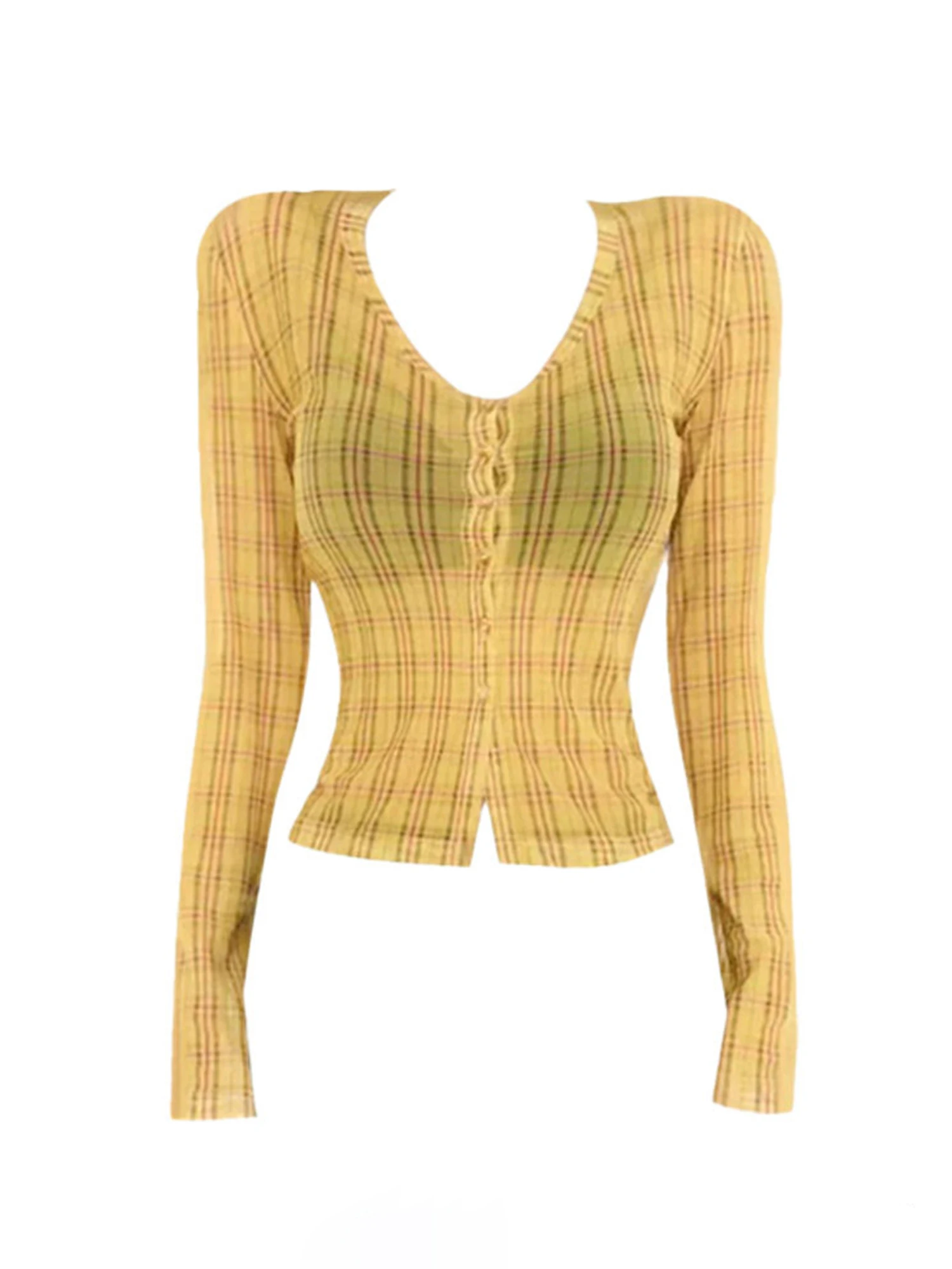 Women's Red Plaid Blouses and Shirts Y2k 2000s Vintage Aesthetic Mesh V-Neck Long Sleeve Shirt for Women Clothes Spring Summer