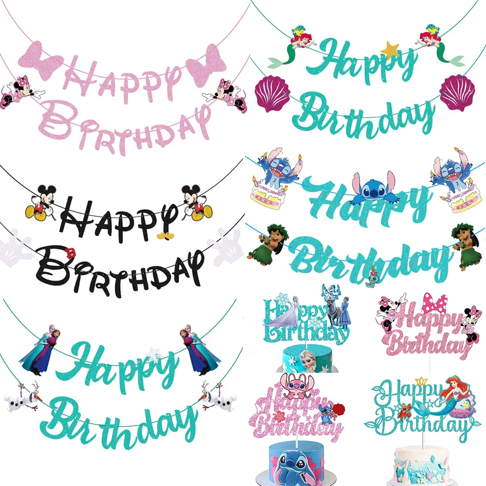 Disney Lilo Stitch Minnie Little Mermaid Frozen Elsa Banner fondale String Flags Princess Glitter Cake Topper decorazione della tavola