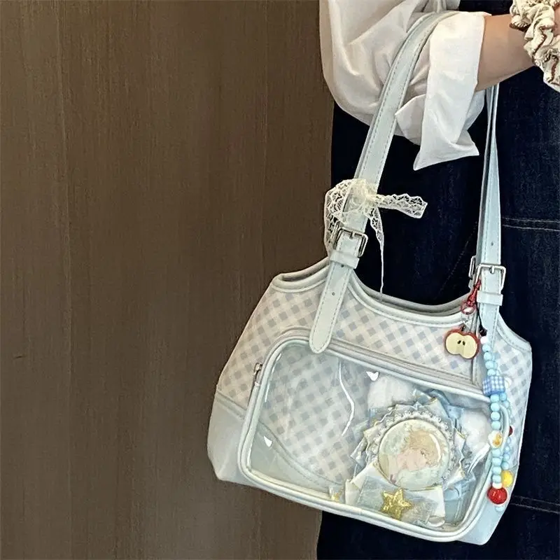 الحلو لطيف السماء الزرقاء الماس نمط حقيبة كتف المرأة المرقعة سعة كبيرة حقيبة يد السيدات أنيمي شارة Harajuku حقيبة تحت الإبط