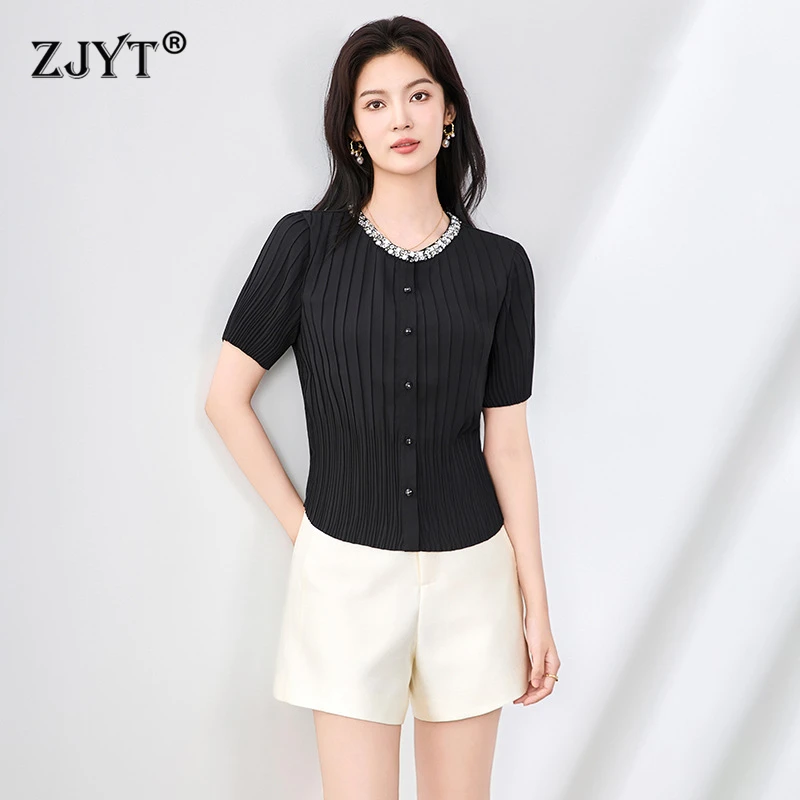 

ZJYT Elegant Beading O Neck Ruched Chiffon Blouses for Women Summer Short Sleeve Black Casual Shirt Female Tops Office Work Wear