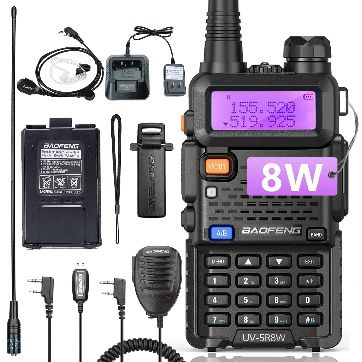 BaoFeng UV-5R 8W High Power Walkie Talkie Dual Band Two Way Radio VHF/UHF 136-174MHz & 400-520MHz Portable Ham Radio Transceiver