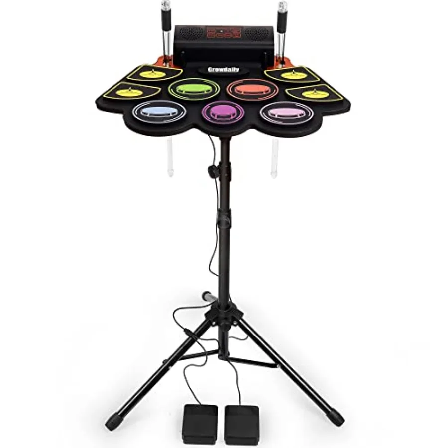 

Electric Drum Set with 9 Pads Stand Music Recording Light-Up Sticks Drum Pedal Midi Dual Stereo Speakers in Rainbow