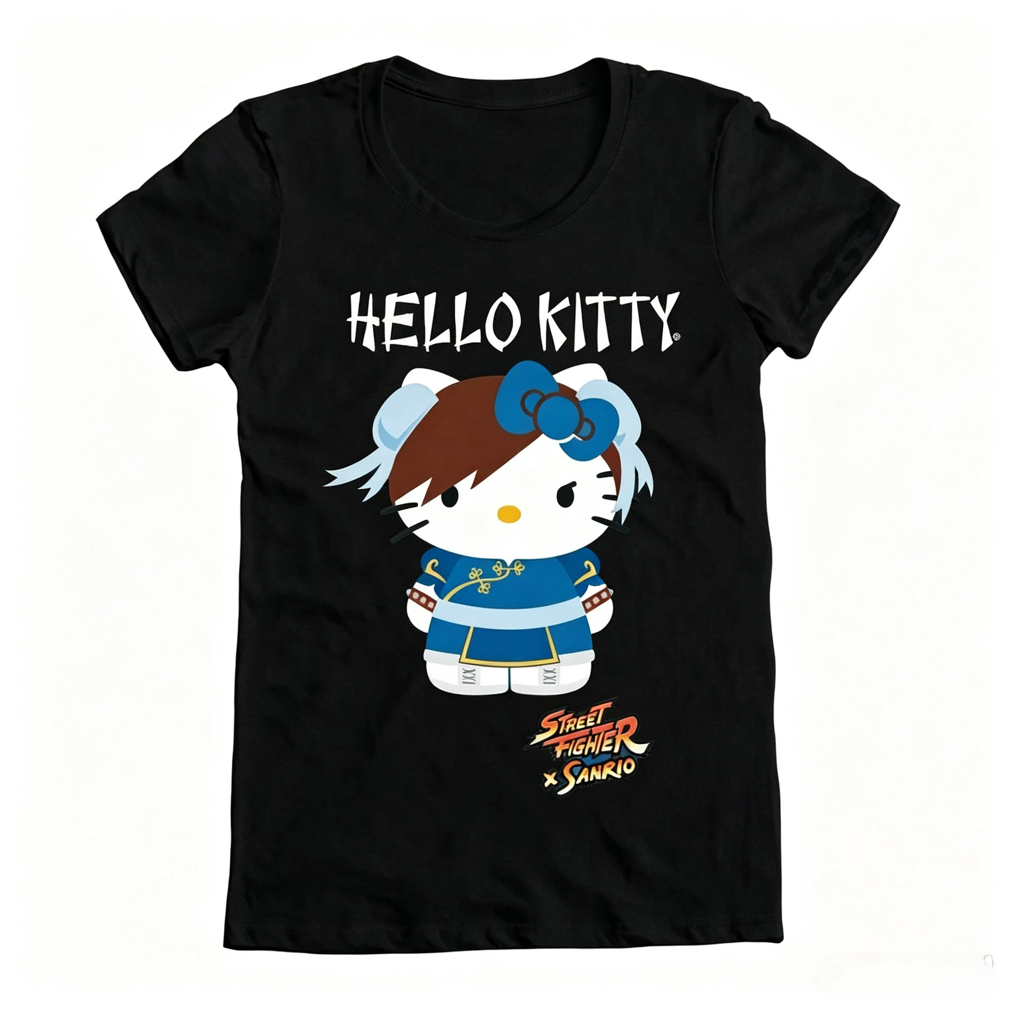 Hello Kitty X Street Fighter T Shirt Sanrio Chunli Cartoon Print Short Sleeve Cotton Slim Fit Casual Women Tees