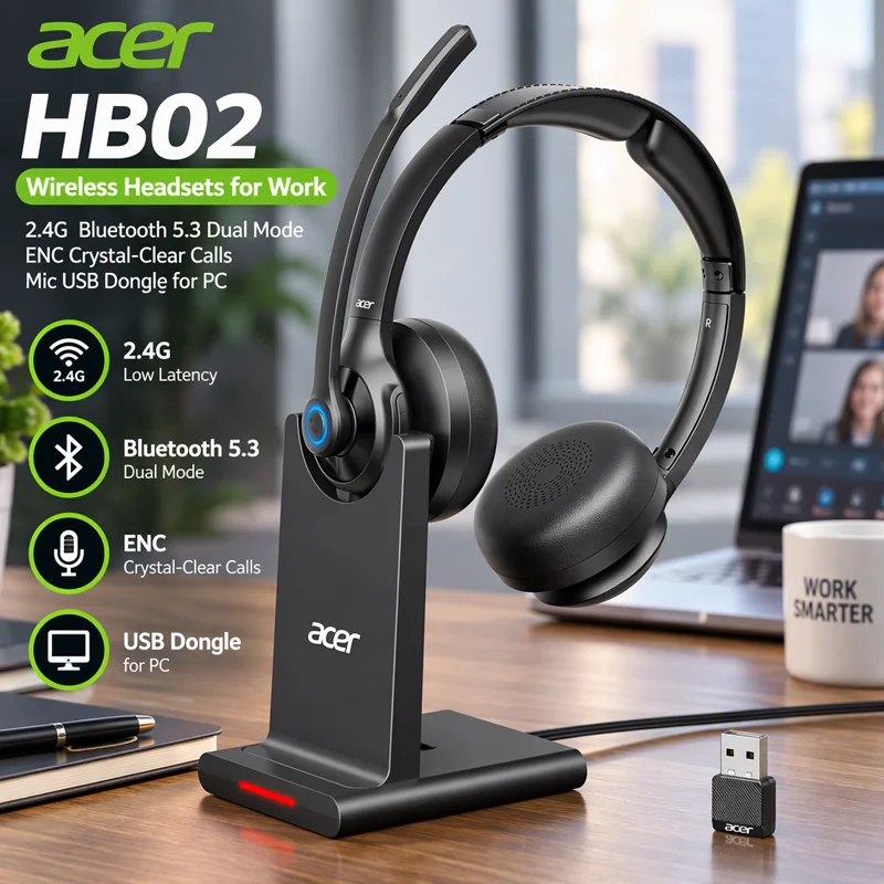 NOWE Bezprzewodowe słuchawki Acer HB02 do pracy 2.4G Bluetooth 5.3 Dual Mode z mikrofonem ENC zapewniającym krystalicznie czyste rozmowy, dongle USB do PC (Black)