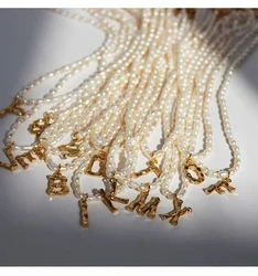 Brass With 18K Real Gold 26 Letters Real Pearl Pendant Necklace Women Jewelry Party Designer T Show Runway INS Japan Korean