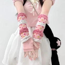 Y2K Girls Sweet Pink Dot Knitted Arm Sleeves JK Lolita Kawaii Sunscreen Women Hip Hop Long Hand Gloves Elastyczne rękawiczki bez palców