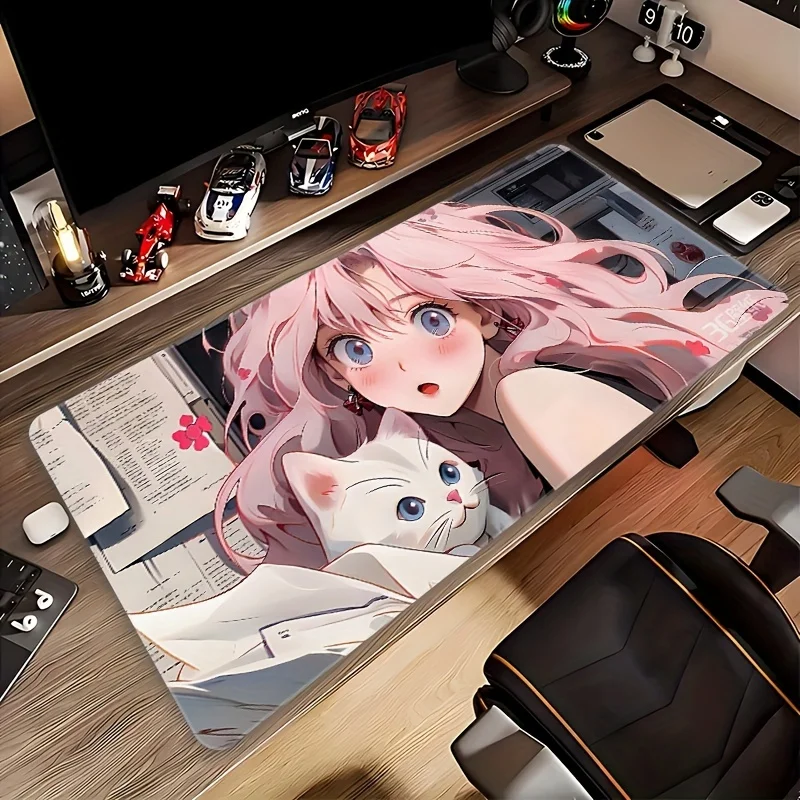 

Прямоугольный противоскользящий коврик для мыши из прочной резины с рисунком девочки с розовыми волосами и кошкой, ультрабольшой размер