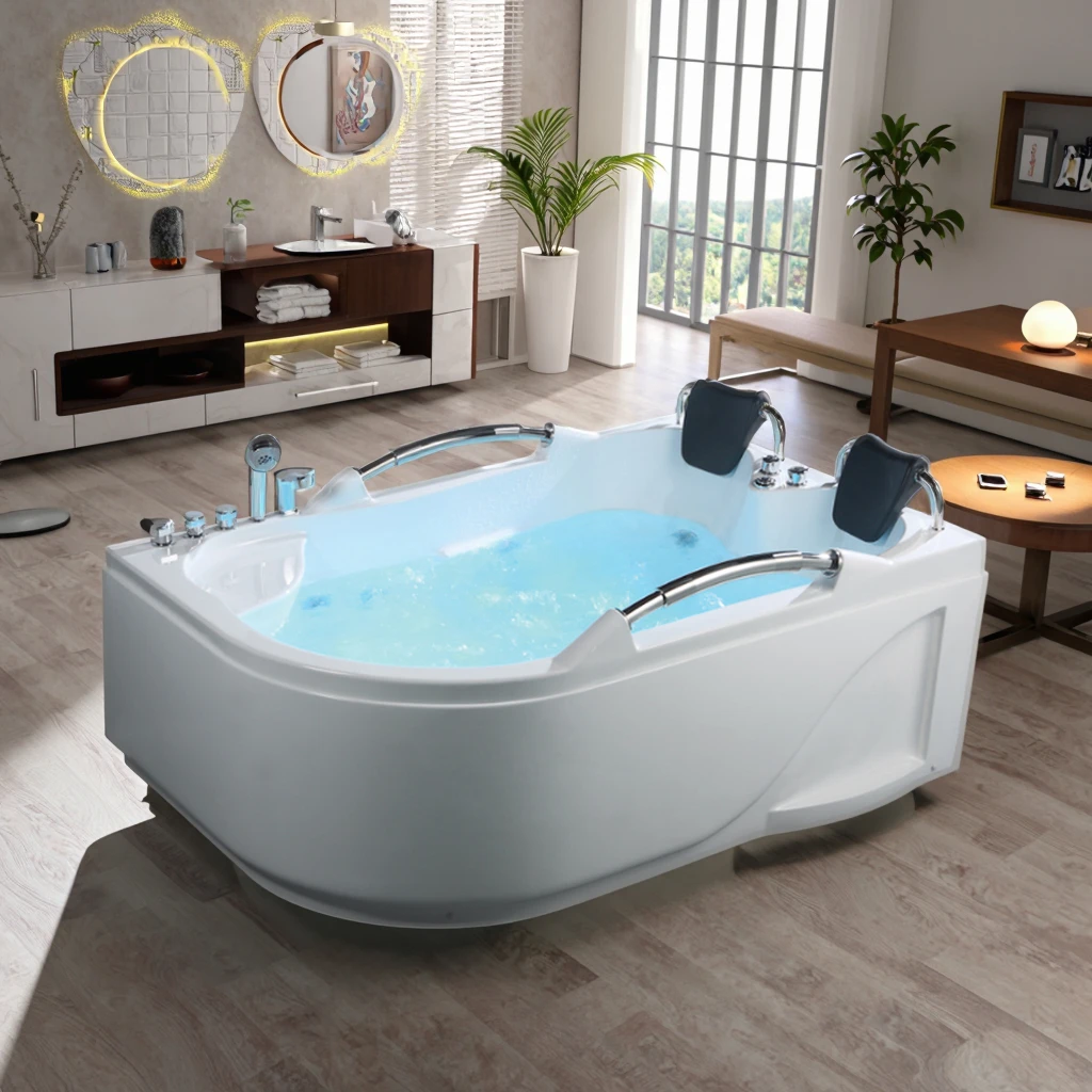 Modern L-Shaped Corner Aqua Massage Bathtub 1.8m White Acrylic Double Whirlpool Apron Installation Hotel Bath Tub