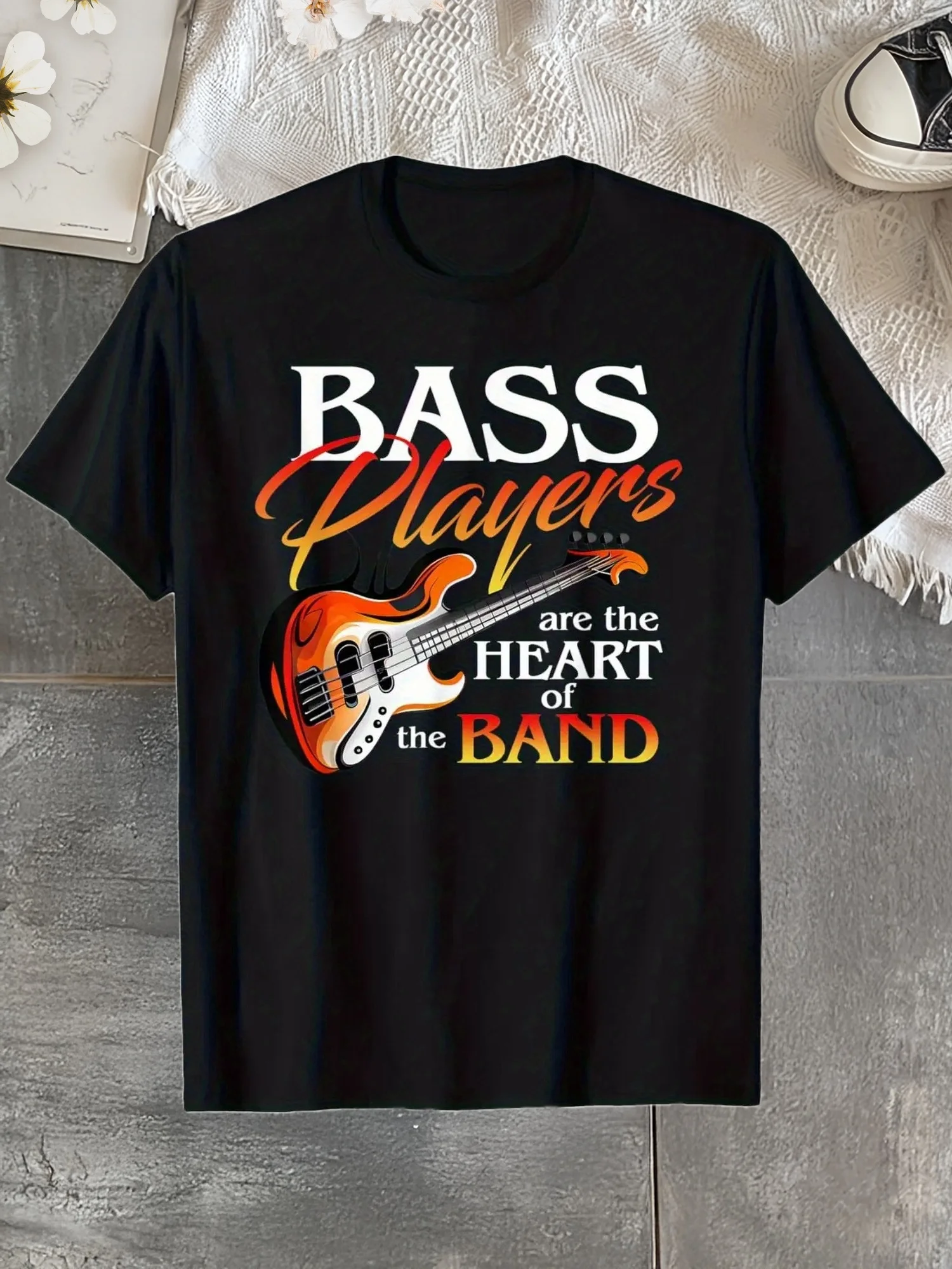 T-shirt graphique pour hommes « Bassist Is the Soul of the Band» - Coupe classique 100 %, col rond, manches courtes, imprimé guitare basse coloré, Bo