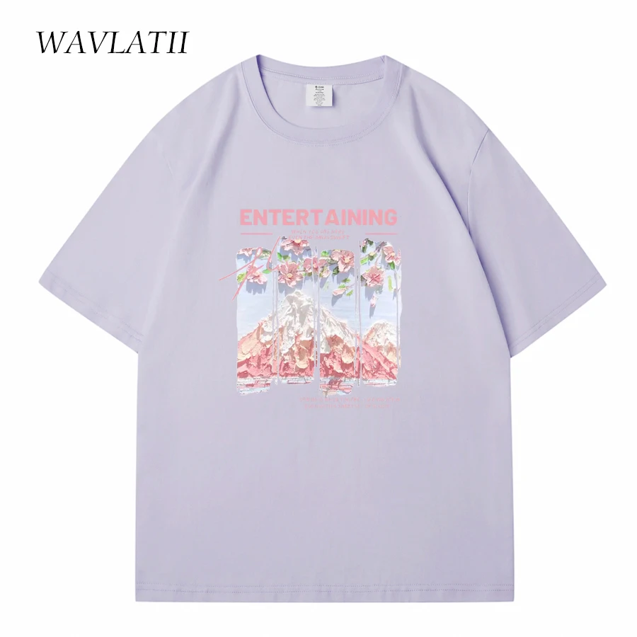 WAVLATII New Women Purple Soft Cotton T shirts Female Green Streetwear Summer Tees Lady Casual Printed Short Sleeve Tops WT2330