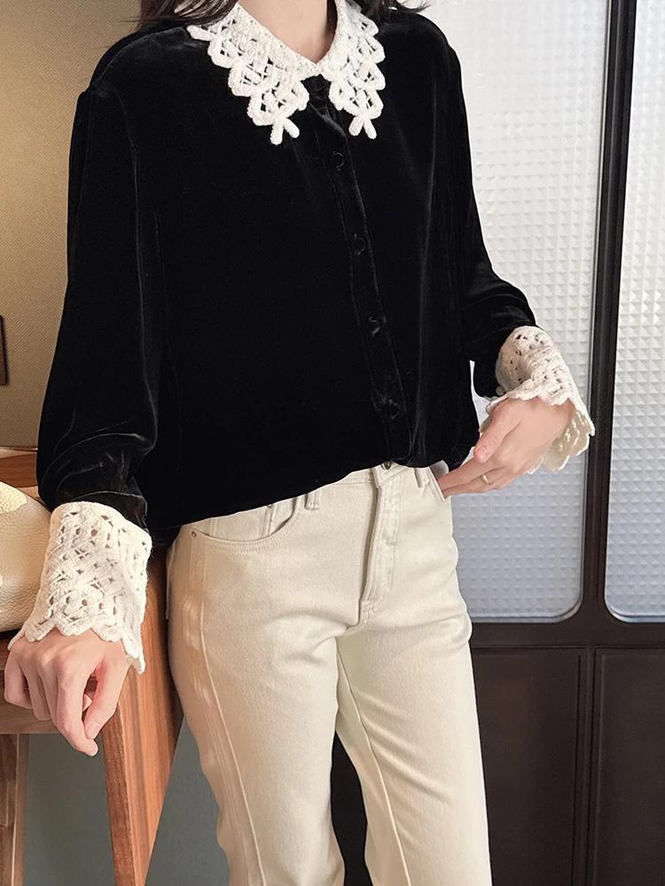 

Изысканный топ из шелкового бархата с кружевным воротником-лепестком, прямого кроя, с длинными рукавами, на одной пуговице, для офиса и повседневной носки, высококачественный, чистый шелк.