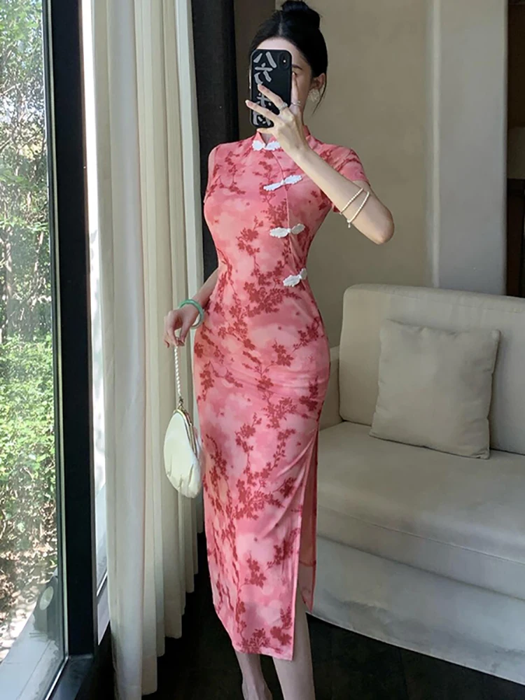 

Women Pink Floral Mesh Short Sleeve Dress Summer Elegant Festival Party Female Dress 2026 Korean Vintage Bodycon Evening Dresses