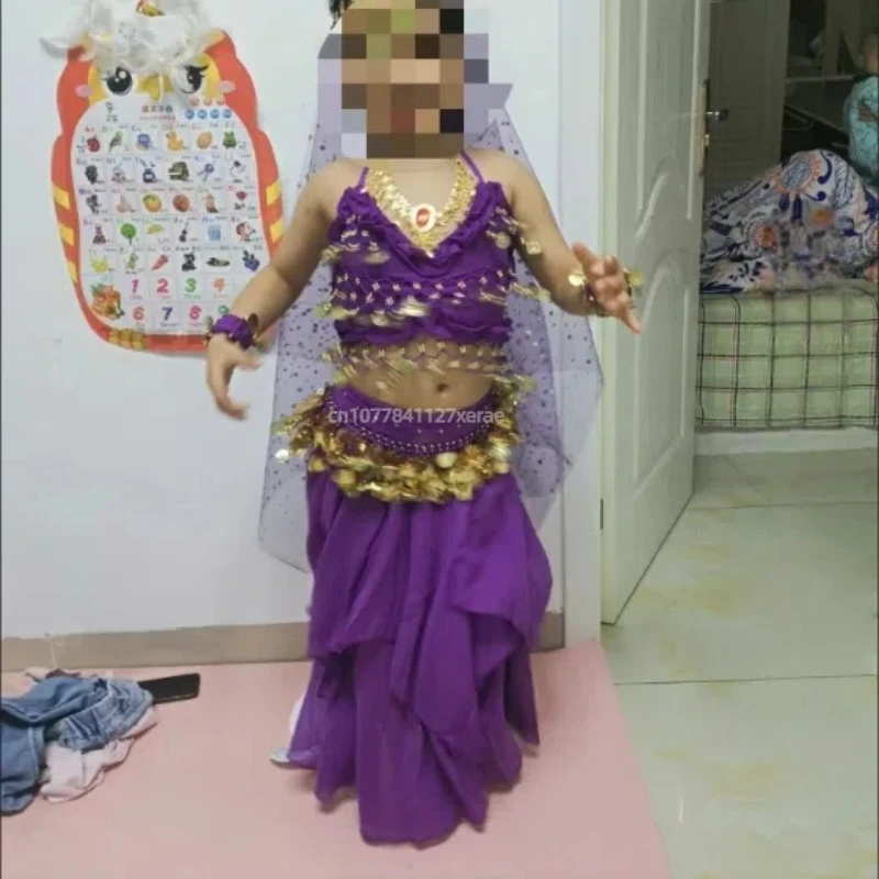 ชุด 6 ชิ้นเด็กอินเดียเต้นรําเครื่องแต่งกาย,สีชมพู Glitter Top,กระโปรงเอว CHAIN,Belly Dance Performance