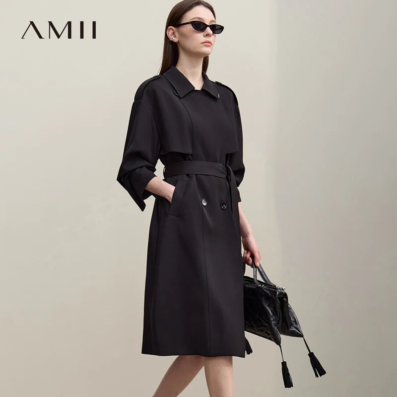 AMII Damen Wintermäntel 2026 Neu Pendler-Freizeitmantel mit verstellbarer Taille, zweireihiger Jacke und geradem langen Trenchcoat für Damen 12641028