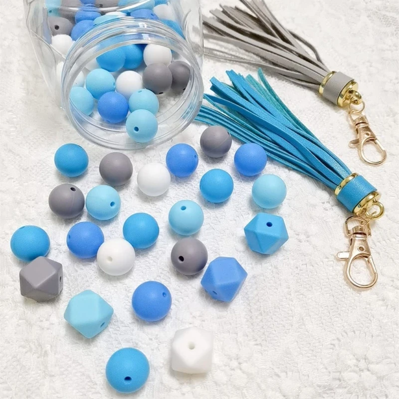 55Pcs Silicone Beads Making Kits for Bracelet Car Keychain Round Polygonal Beads Accessory DIY Set for Women Girls