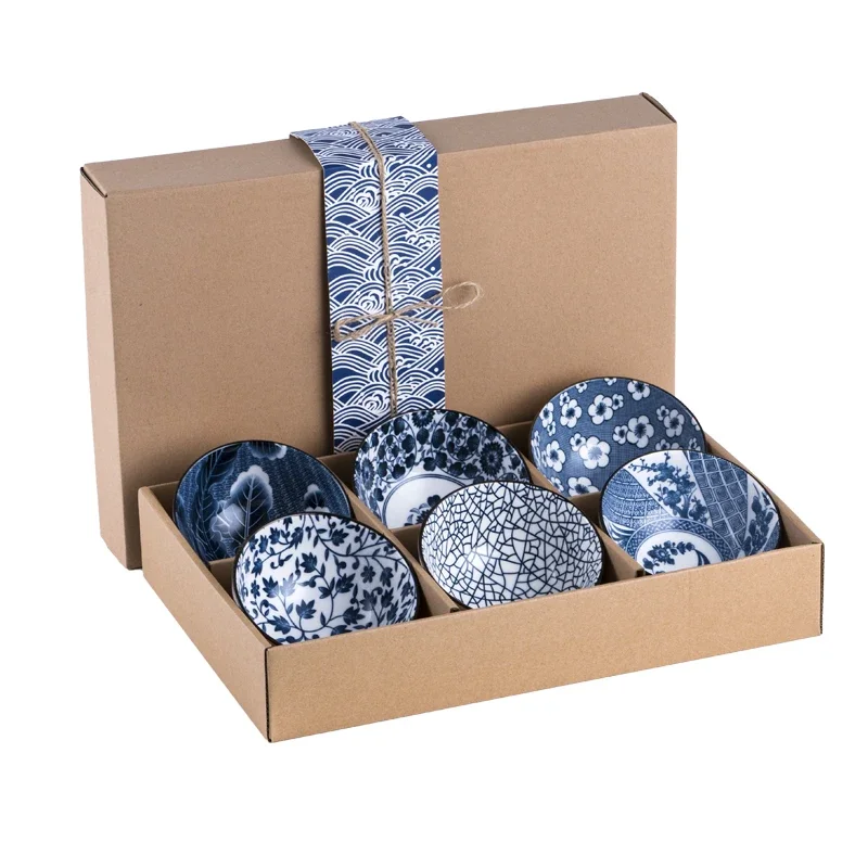 MOONBIFFY Japanese Creative Household Bowl Chopsticks Set Blue and White Porcelain Bowl Gift Box Gift