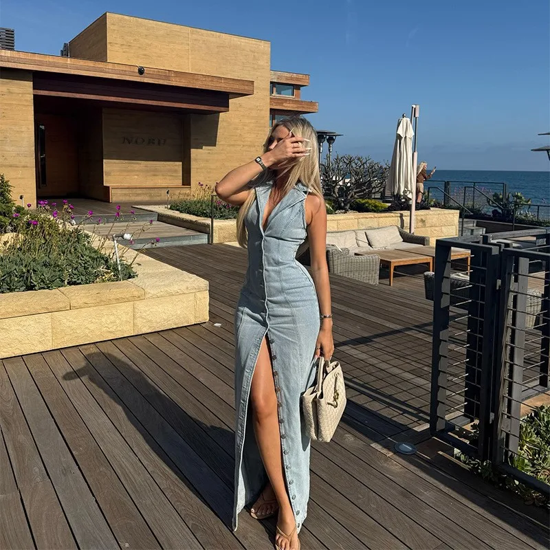 

Long Dress For Women Turn-down Collar Sleeveless Single Breasted Front Split Robe 2026 Summer Fashion Female Casual Dresses