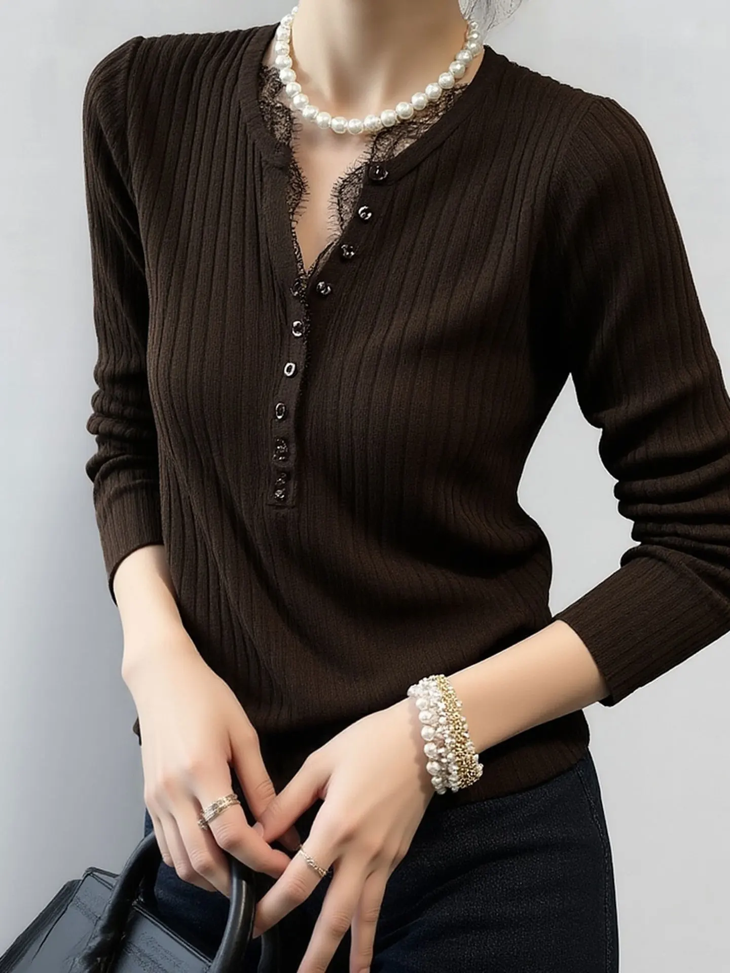 

Вязаная кофта с кружевными вставками и длинными рукавами, весенняя, удобная, модная, универсальная, базовая, в корейском стиле, для повседневной носки