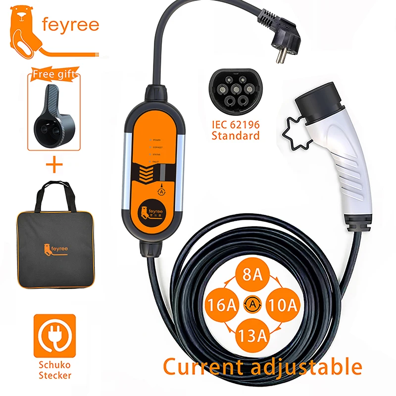 feyree EV Portable Charger Type2 5m Cable 3.5KW 16A IEC62196 Socket 1Phase Type1 j1772 Socket with Schuko Plug for Electric Car