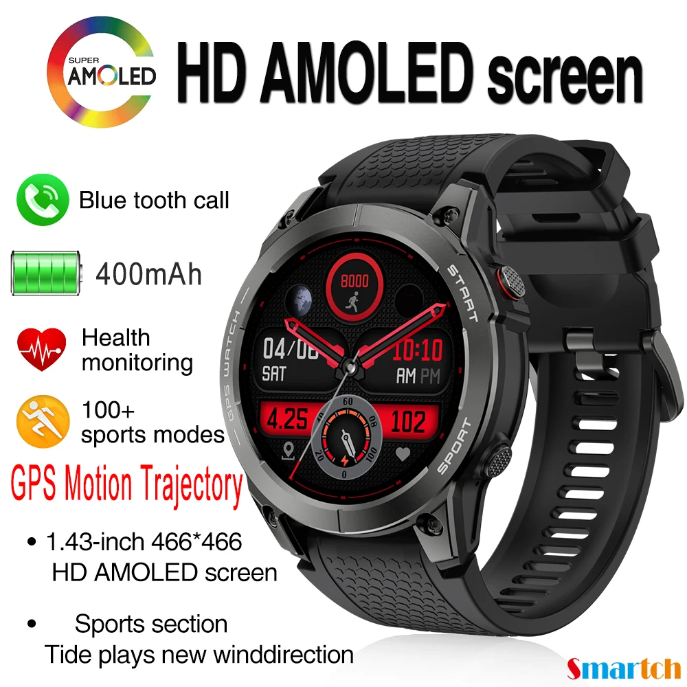 400mAh Health Smartwatch Men Lady Blue Tooth Call Smart Watches GPS Motion Trajectory Fitness Heart Rate 1.43