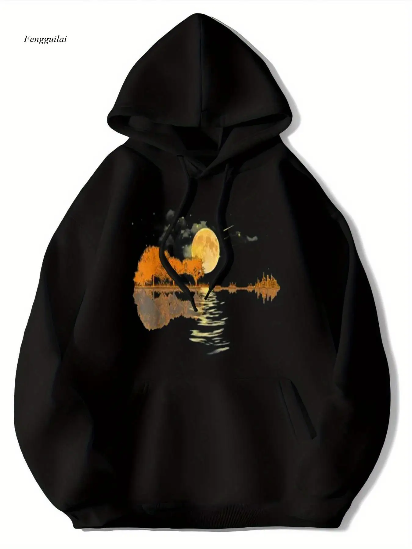 Guitar Moon Graphic Hoodie - Fleece-Lined All-Season Pullover Sweatshirt with Music Note & Guitar Print
