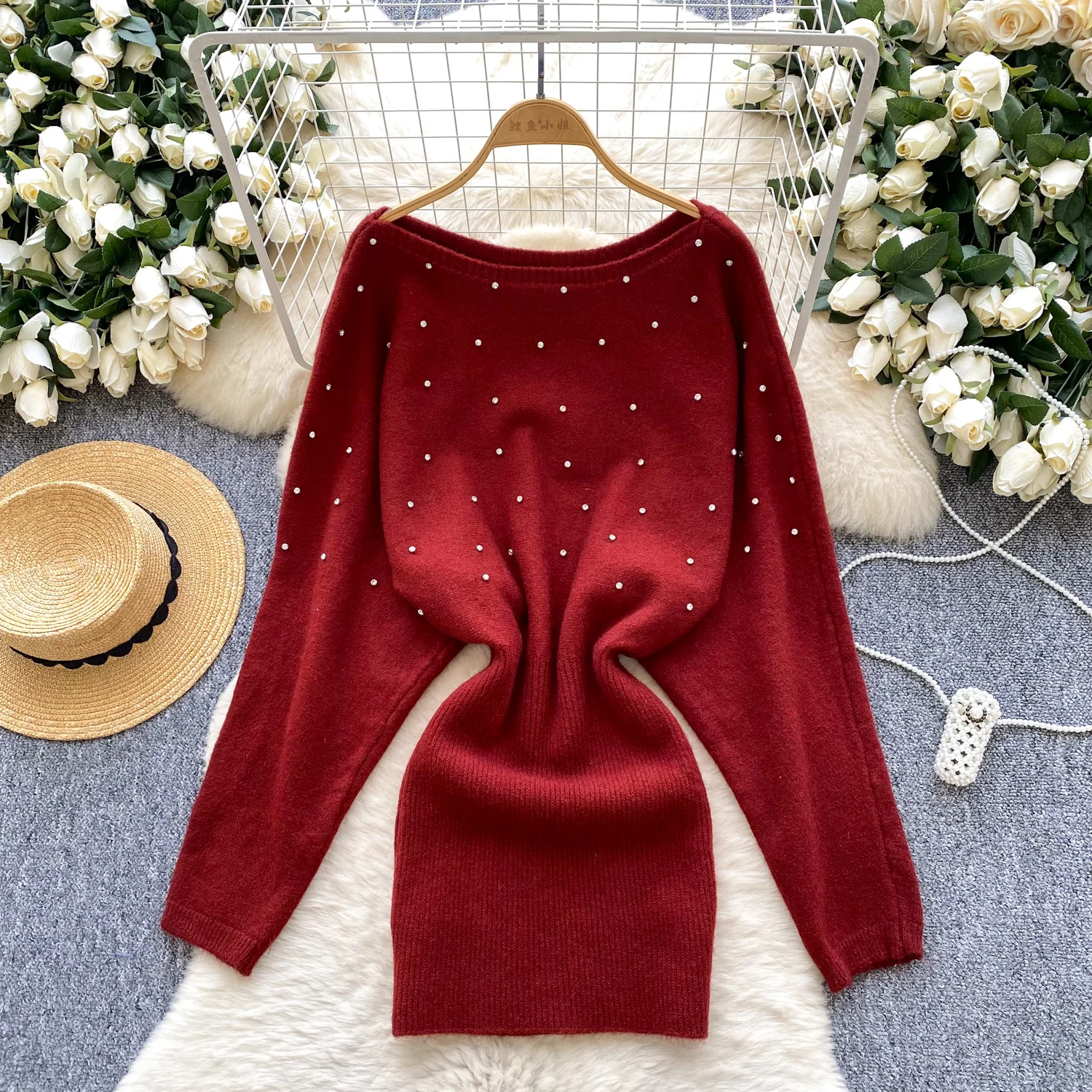 Chic vintage slash neck glitter long sleeve slim Knit Elegant Fairy korean fashion Boho Sundress women clothing
