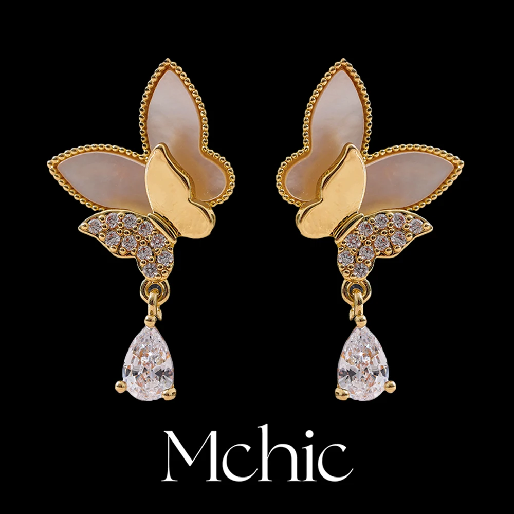 Mchic Exquisite Natural Shell Cubic Zirconia Butterfly Drop Earrings Women Statement Gold Color Copper Fashion Jewelry серьги