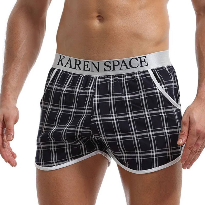 

Men Underwear Aro Pants Simple Comfortable Plaid Boxer Shorts Home Loose Casual Underpant Flat Boxers Breathable Moisture Trunks