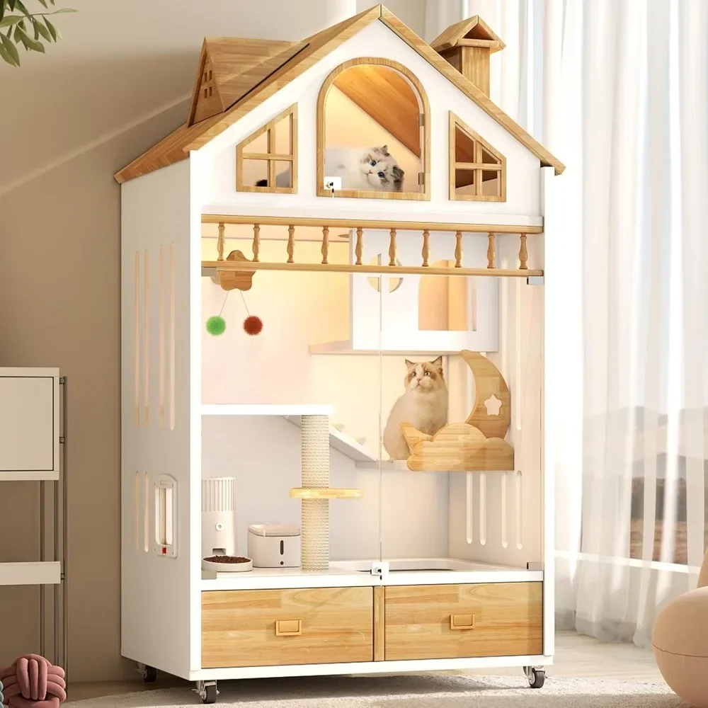 Cat House Indoor Cage Cat Enclosure on Wheels,Wooden Cat House Large Space with Scratching Post, Multi-Feature Enclosed