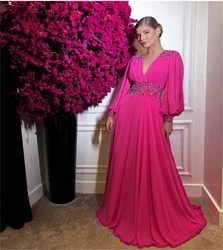 Graceful Fuchsia Chiffon Evening Dress With Beaded Long Sleeve V Neck Charming  Puff Sleeve Backless A-Line Vestidos De Noche