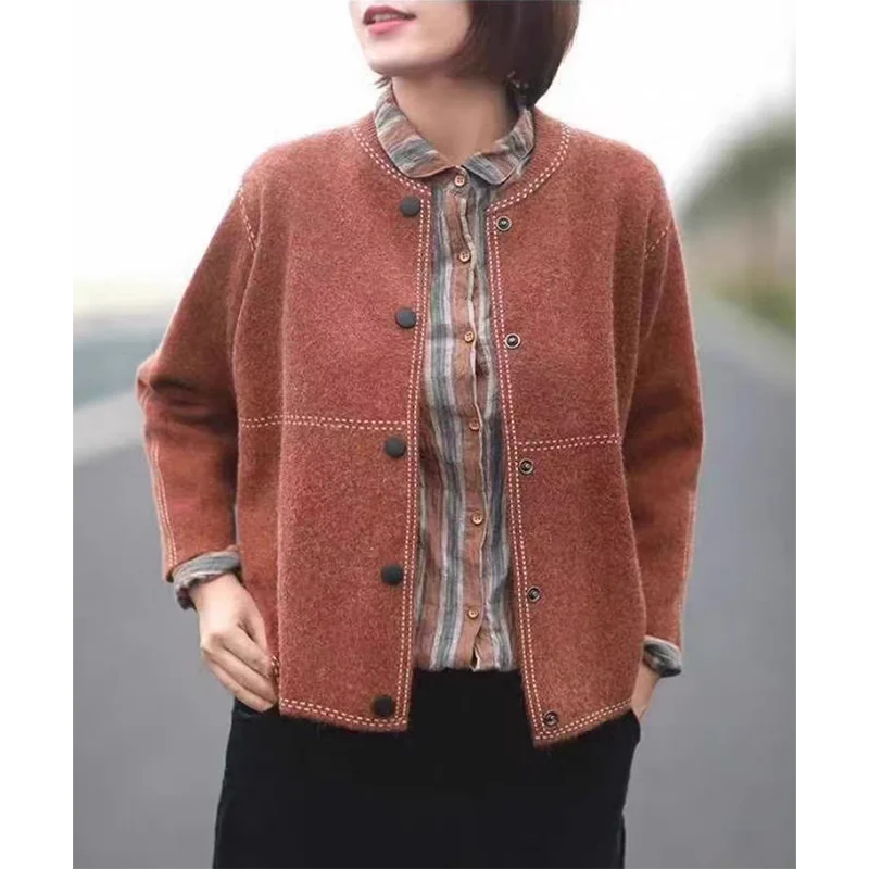 Women Vintage Knitted Cardigan Jacket Retro O Neck Single Breated Loose Winter Tweed Autumn Bright Lined Decoration Harajuku Top