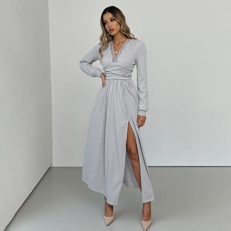 

Autumn 2025 New Women's Fashion Elegant Wind V-neck Long-sleeved Dress Temperament Solid Color Chic Split Dress Ladies