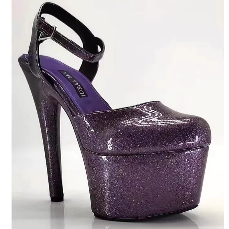 

New model runway shoes 17CM high heels pearl purple sandals nightclub steel tube dance shoes