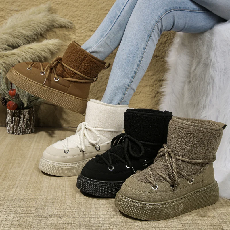 

2025 Winter Large Size Thick-Soled Casual Snow Boots Northeast Warm Versatile Lamb Wool Cotton Boots