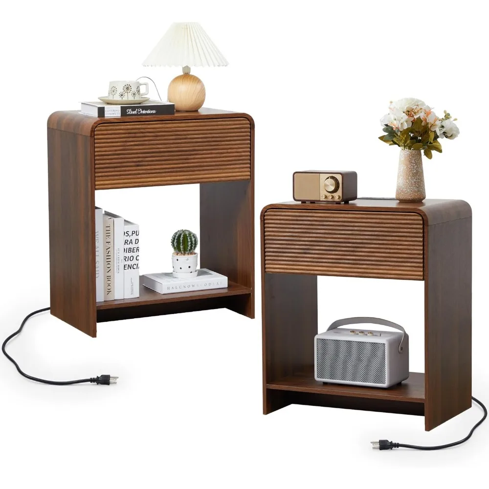 2-piece Flute Bedside Table with Charging Station, Modern Bedside Table with Drawer Storage