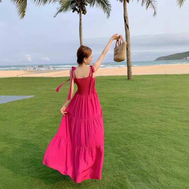 Vestido de tirantes con hombros descubiertos para vacaciones en la playa, minivestido de Color rojo para mujer, falda elegante informal sin mangas para vacaciones