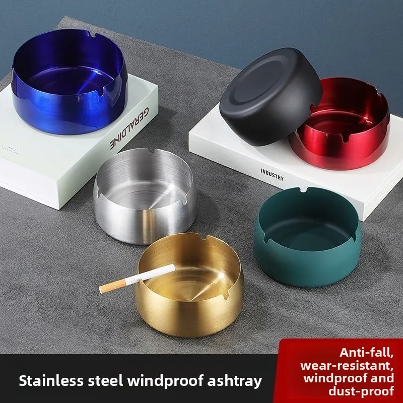 Round Stainless Steel Ashtray, Wind Resistant Heavy Duty Ash Holder for Smokers, Non-Slip Base, Suitable for Home, Bar