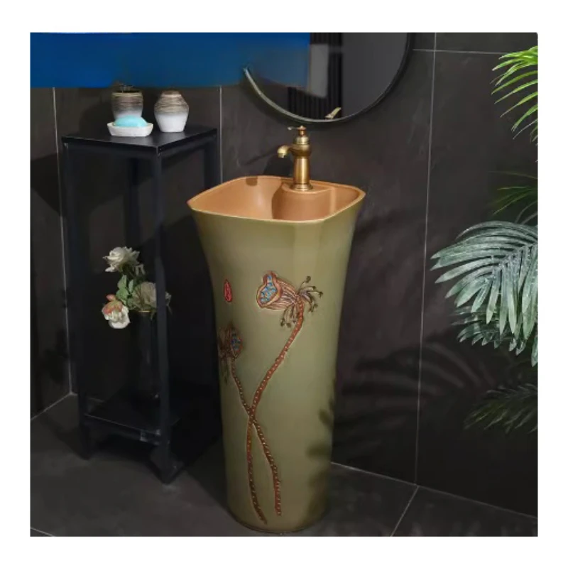 Retro Good Quality Floor Standing Vintage Style Hand Wash Basin Bathroom Floor Mounted Lavabo Ceramic Pedestal Sink