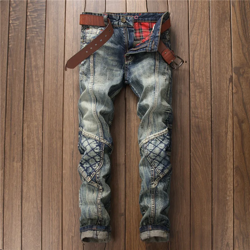 

New non-stretch biker men's jeans splicing retro Harajuku Slim classic blue jeans Personalized embroidery design pants